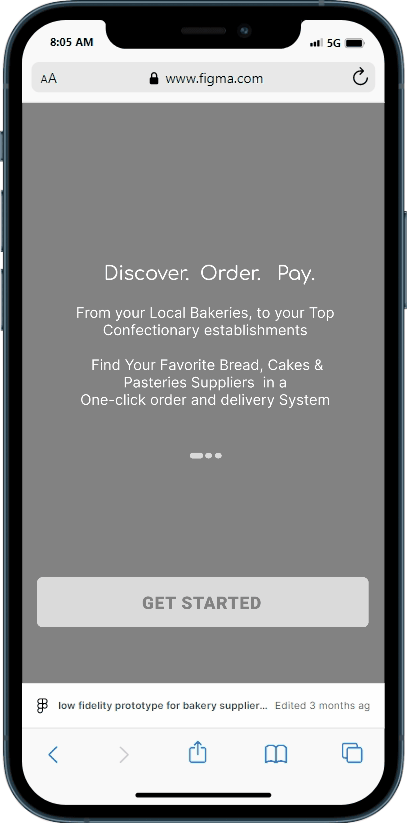 Low fidelity prototype of Bakery Supplier App Onbiarding screen